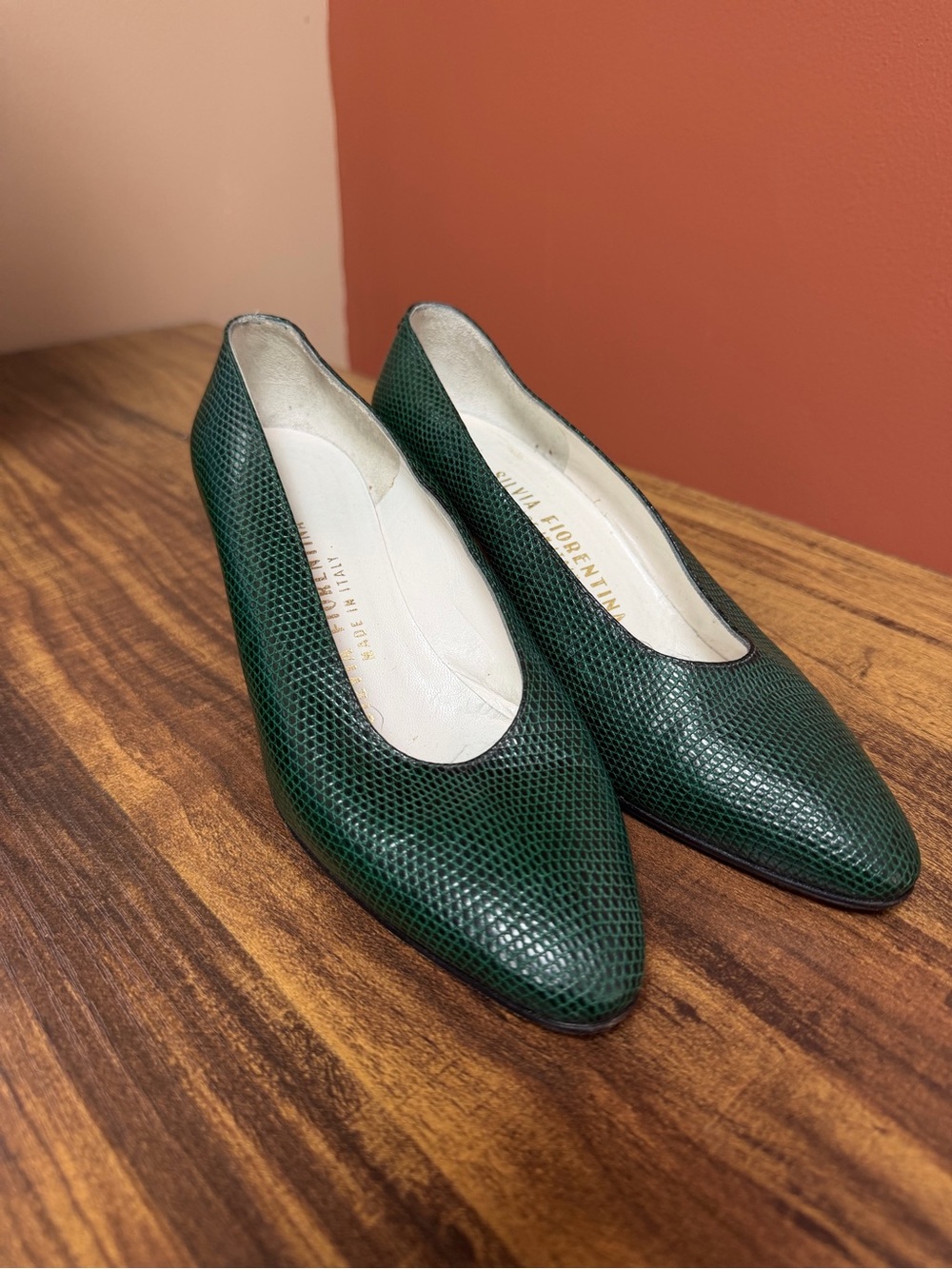 Silvia Fiorentina Dama Pumps Size 6M Green Leather “Lizard” Italy Heels Shoes